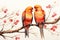 Two birds sitting on a branch of a tree in a serene and peaceful natural environment, A pair of lovebirds perched on a heart-