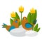 Two birds are sitting on stones near blooming yellow tulips.