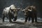 Two bison standing side by side in the rain, A bull and a bear representing the stock market trends, AI Generated