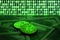 Two bitcoins lies on a pile of dollar bills on the background of a monitor depicting a binary code of bright green zeros and one u