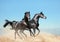 Two black arab horses running in desert