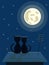 Two black cats sit on the roof. Night city moon and stars in the sky. Vector illustration