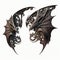 two black dragon wings with intricate designs on them, one of which is facing the other direction, on a white background, with a
