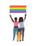 Two black LGBT family women and baby holding a rainbow flag over their heads. Happy Pride month. vector illustration