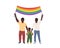 Two black LGBT men holding a rainbow flag over their heads. Happy Pride month. vector illustration