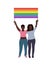 Two black LGBT women holding a rainbow flag over their heads. Happy Pride month. vector illustration