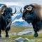 The two black musk oxen are in front of the mountain.