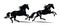 Two black silhouetted horses galloping side by side on a plain white background. Dynamic equestrian theme of animals in