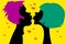 Two black silhouettes of a girlfriend and a boyfriend on bright yellow backgrounds are going to kiss each other.