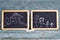 Two blackboards with drawings of a family and a house