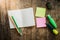 Two blank colorful sticky notes , notebook ,pencil ,highlighter