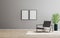 Two blank empty vertical frame mock up in empty room with gray armchair and green plant, empty gray wall and wooden floor, gray