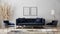 Two blank poster frames on gray wall mockup in modern luxury interior design with dark blue sofa, armchairs near cofee table,