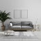 Two blank vertical wooden poster frame mock up in modern minimalist living room interior with gray sofa and palm tree, living room