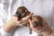 Two blind, newborn Pomeranian puppies in their hands. Concept of breeding purebred puppies, animal care, animal health