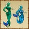 Two blonde mermaid with green and blue body