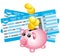 Two blue boarding passes and piggy bank icon.