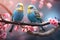 Two blue budgerigars sit on a branch of sakura blossoms. Generative AI