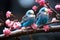 Two blue budgerigars sit on a branch of sakura blossoms. Generative AI