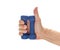 Two blue dumbbells on mans palm, thumbs up