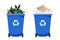 Two blue garbage containers, one with paper and the other with different trash. Vector illustration of a flat style.