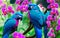 Two blue parrots on a tree with pink orchid in the jungle. Generative Al Illustration