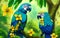 Two blue parrots on a tree with yellow orchid in the jungle.Generative Al Illustration