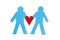 Two blue stick figures holding a red heart over white background