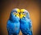 Two blue wavy lovesick parrots are sitting together and kissing. Generative AI, generative artificial intelligence