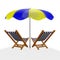 Two Blue Yellow Beach Loungers Under Parasol