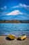 Two boats on the shore of Lake Shoji, in Yamanashi prefecture, Japan