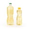 Two bottles of sunflower oil isolated on white background. Yellow sunflower or vegetable oil in a liter and half liter transparent