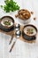 Two bowls of mushroom cream soup