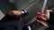 Two boxer fighting on boxing ring low angle view. Bottom view fighter in boxing gloves kicking competitor in fight club