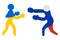 Two boxers are fighting. People are painted in the colors of the flags of Russia and Ukraine. Colored vector icon.