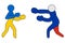 Two boxers are fighting. People are painted in the colors of the flags of Russia and Ukraine. Colored vector icon. Athletes in box