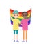 Two boy kiss for an LGBT flag on pink heart . Homosexual people. Vector illustration. Pride Month.