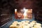 Two boys brothers look at the cookies tray in oven