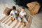 Two boys brothers plaing with wooden cube blocks on knitted carpet on the floor indoor. Knitted style in the interior: pillows,