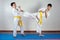Two boys demonstrate martial arts working together