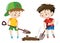 Two boys digging hole with shovels