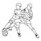 Two boys fighting soccer together vector illustration sketch doodle hand drawn with black lines isolated on white background