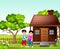 Two Boys In Front of Wood House In Grass Field Cartoon
