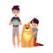 Two boys, kids - hugging fluffy dog and holding fish aquarium