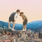 Two boys, little children standing above city and mountain landscape and looking down with curiosity. Contemporary art