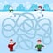 Two boys make two snowmen. Find whose is where? Children`s picture with a riddle