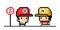 Two boys pixel image, wearing hat. Pixel art vector illustration
