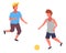 Two boys playing football, boy in cap and blue t-shirt playing with ball and his friend in shirt