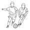Two boys playing soccer together vector illustration sketch doodle hand drawn with black lines isolated on white background