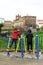 Two boys playing on a walking or balancing gymnastic apparatus